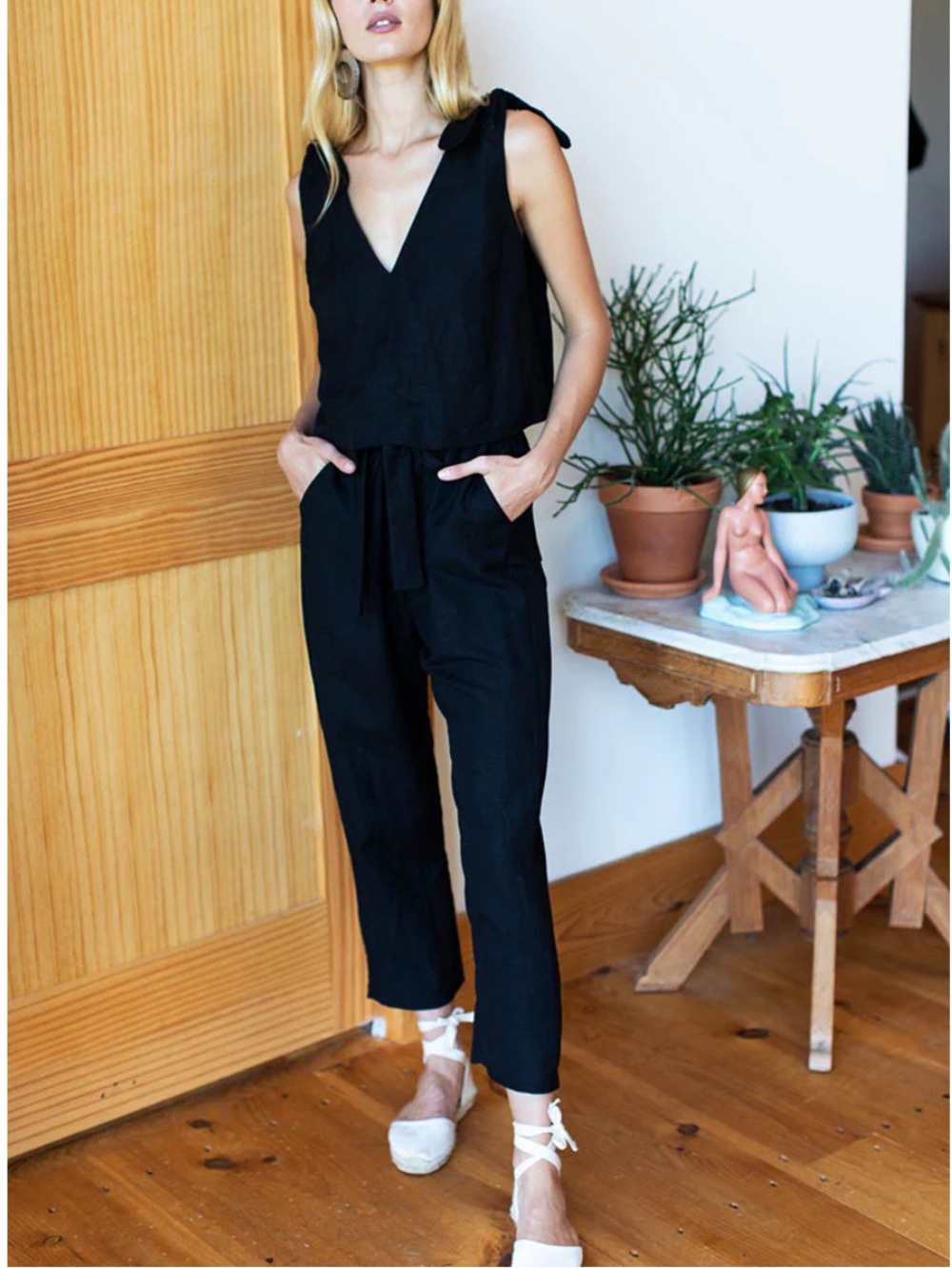 Emerson Fry Paris Pant Black Linen Rayon Elastic Paperbag HighRise Waist Pockets